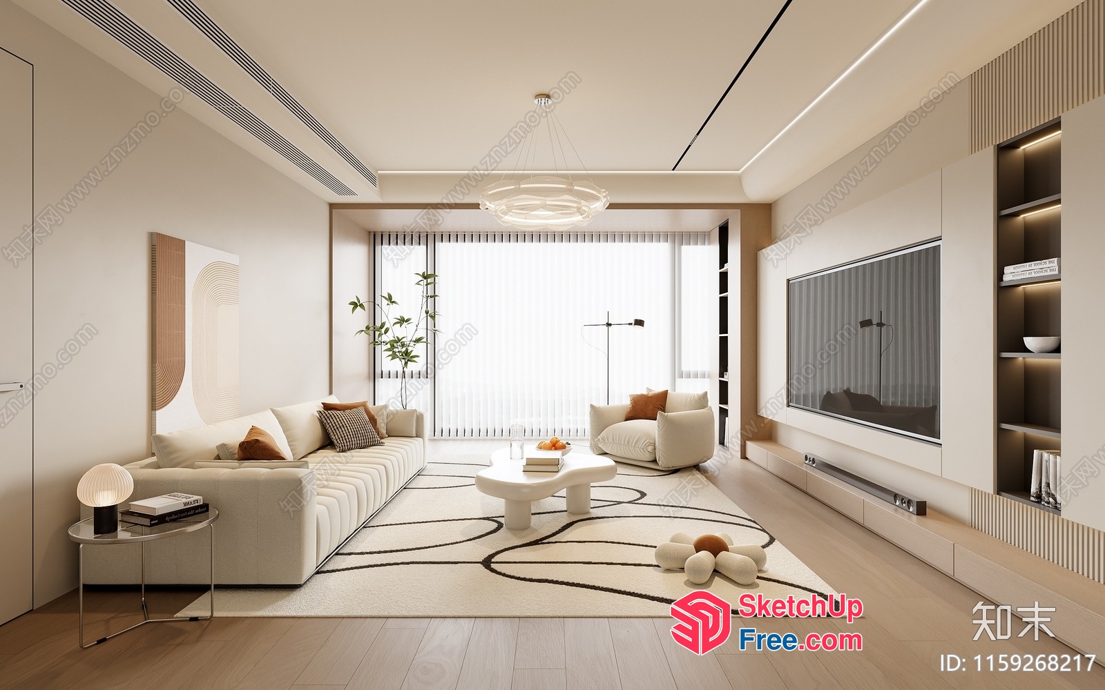Elegant And Modern Living Room With Creamy Style 3D SketchUp File
