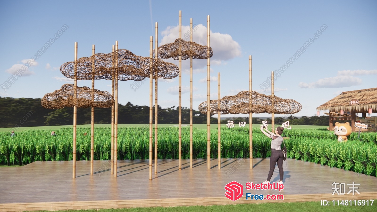 Outdoor Bamboo Structure With Cloud-Shaped Decorations 3D SketchUp File