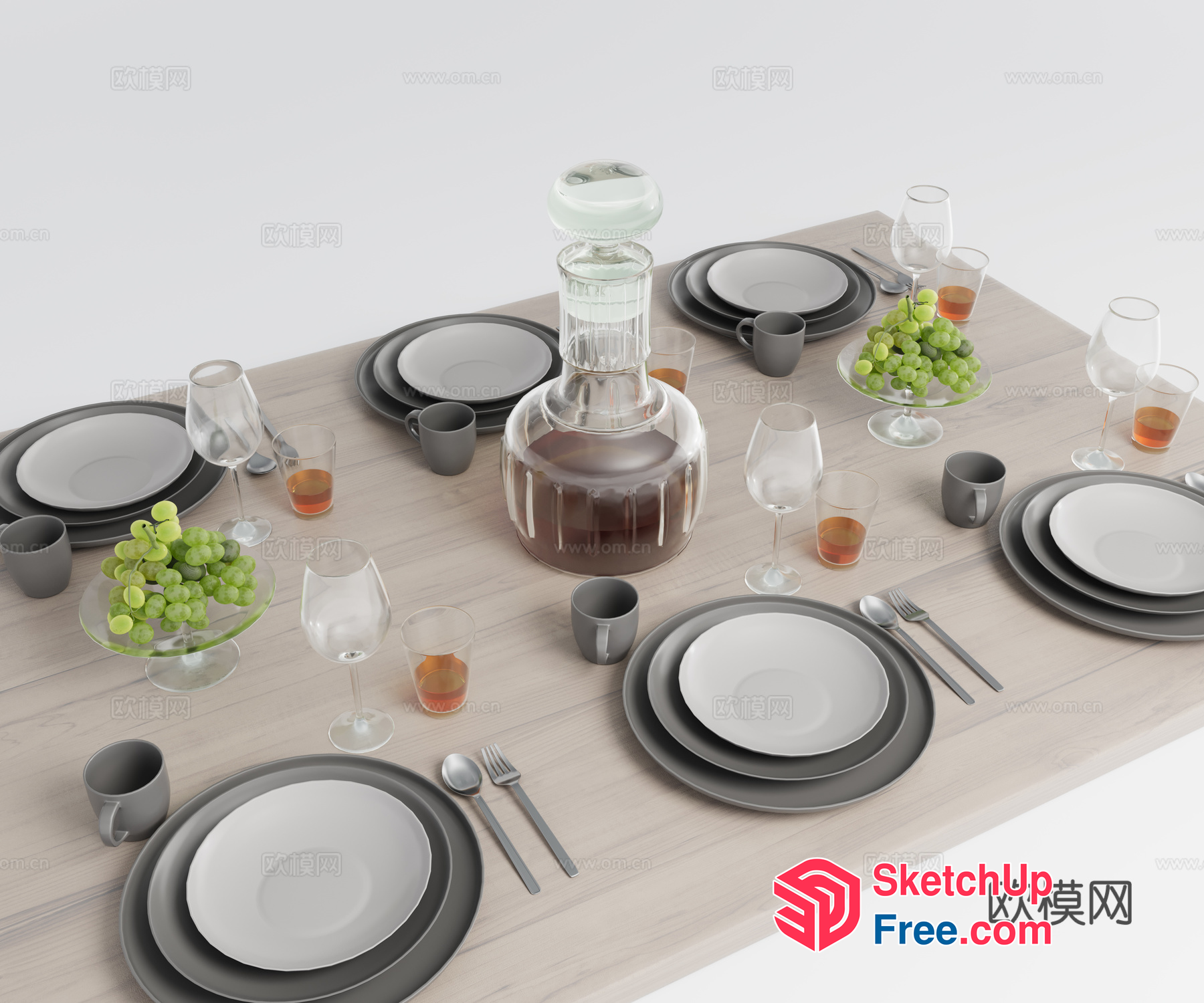 Elegant Table Setting With Gray And White Plates And Glasses 3D SketchUp File