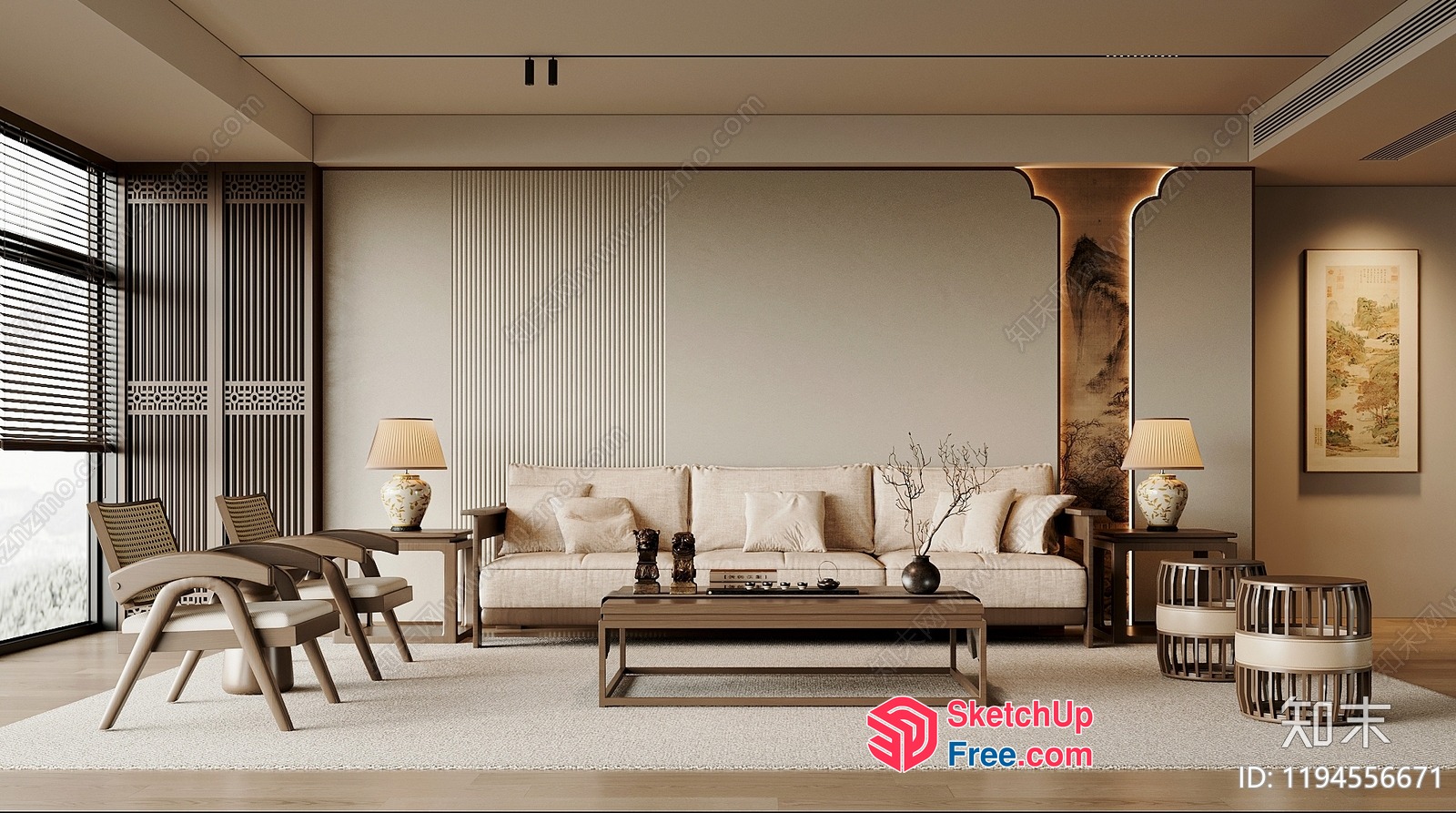 Modern Japanese-Style Living Room With Natural Wood Accents 3D SketchUp File