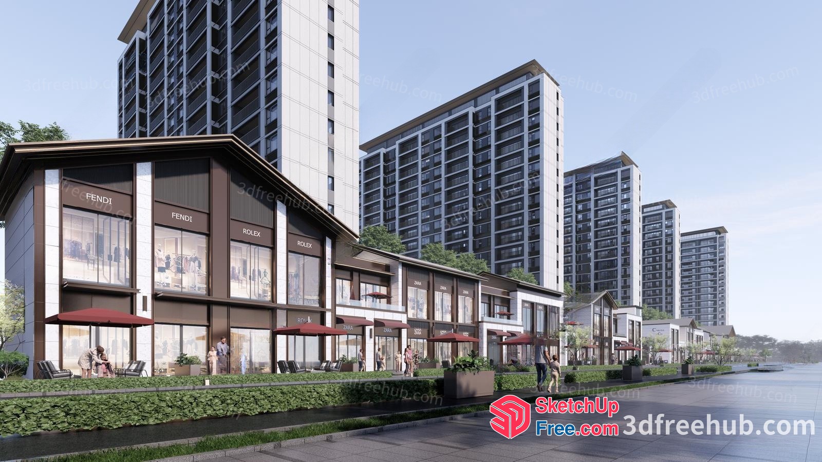 Modern Commercial Street With High-Rise Buildings 3D SketchUp File