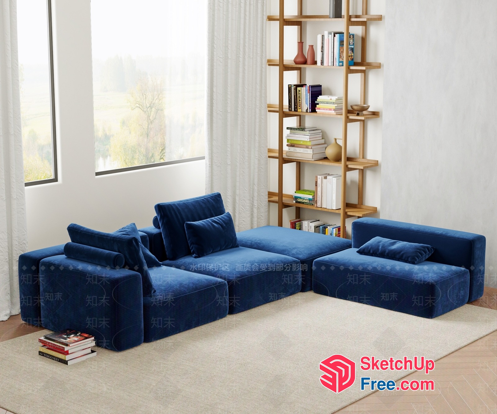 Elegant Living Room With Blue Couch And White Walls 3D SketchUp File