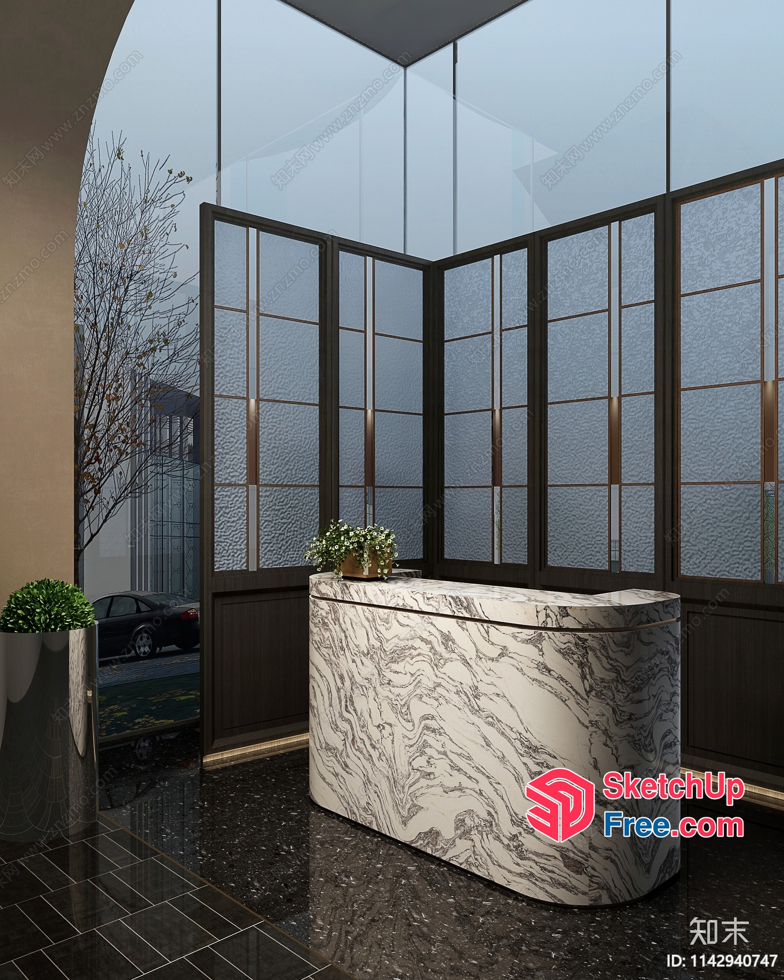 Marble Reception Desk In Modern Office Setting 3D SketchUp File