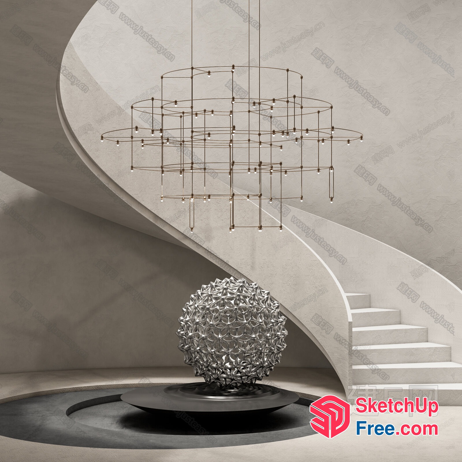 Elegant Staircase With Unique Chandelier And Sculpture 3D SketchUp File