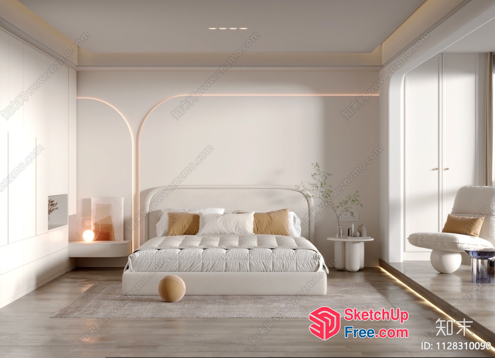 Minimalist White Bedroom With Curved Accent 3D SketchUp File