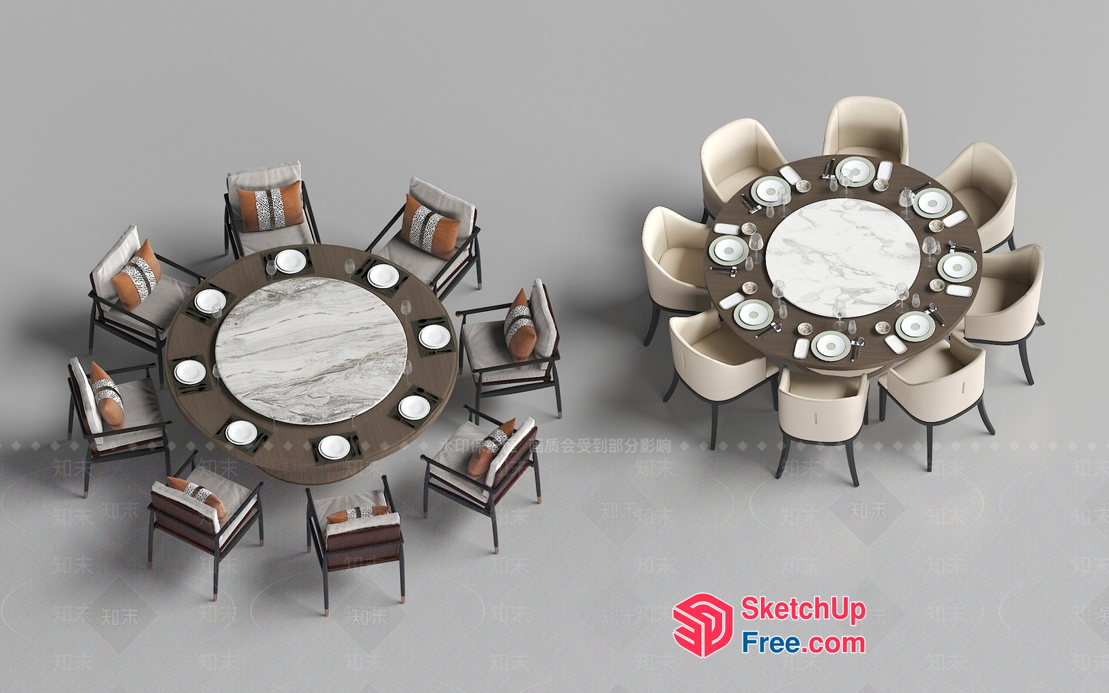 Round Dining Table With Marble Center And Cushioned Chairs 3D SketchUp File