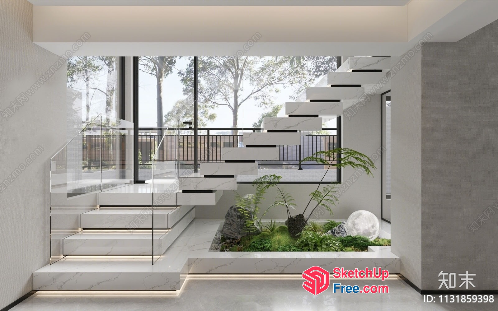 Modern Staircase With Glass Railing And Greenery 3D SketchUp File