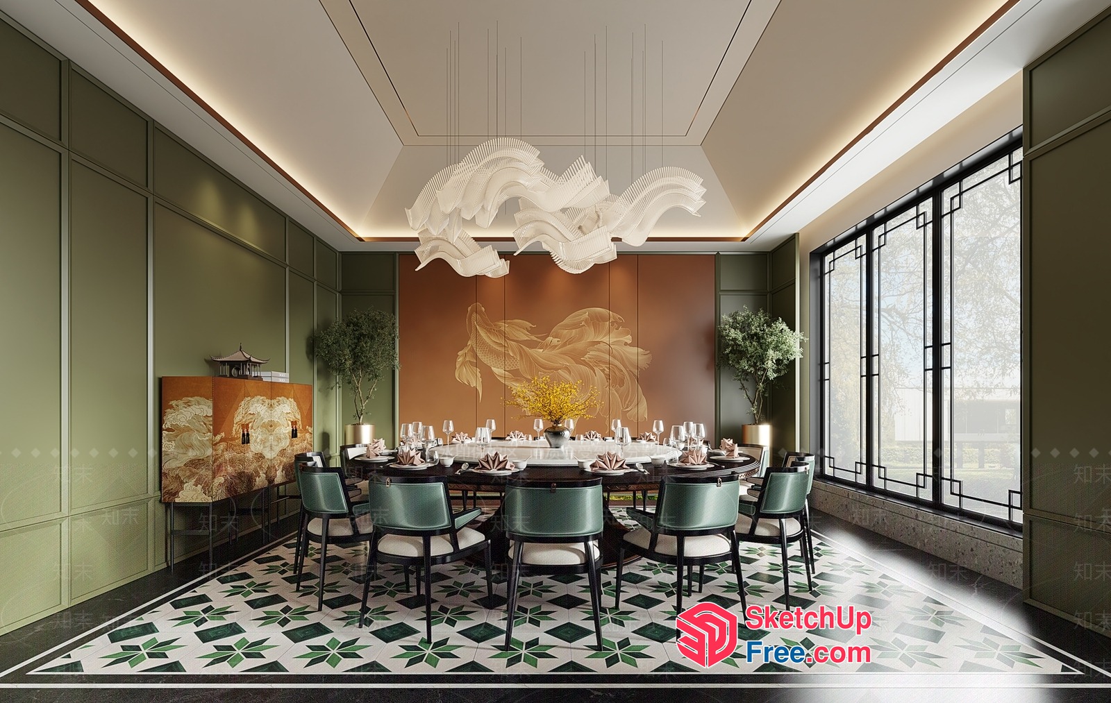 Elegant Dining Room With Ornate Chandelier And Artistic Wall Decor 3D SketchUp File
