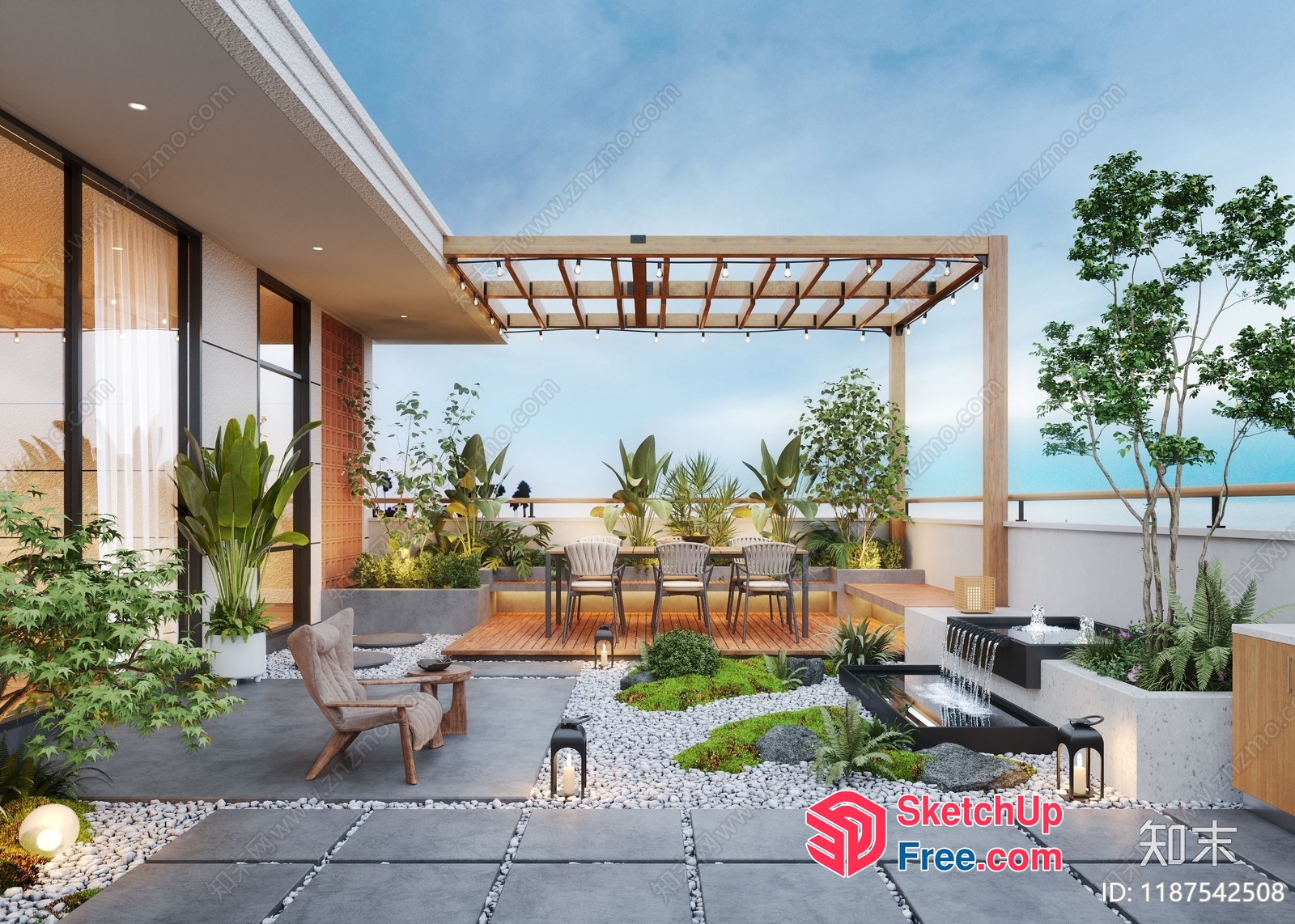 Modern Outdoor Rooftop Patio With Water Feature 3D SketchUp File