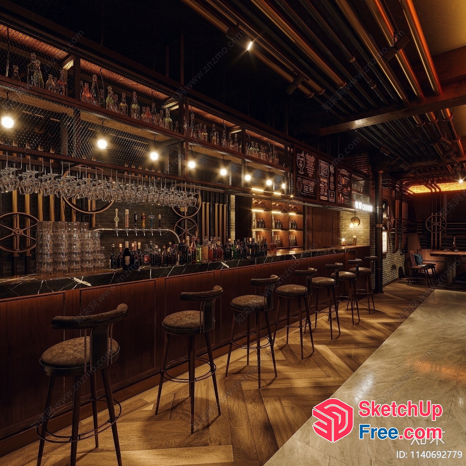 Vintage Industrial Bar Interior 3D SketchUp File