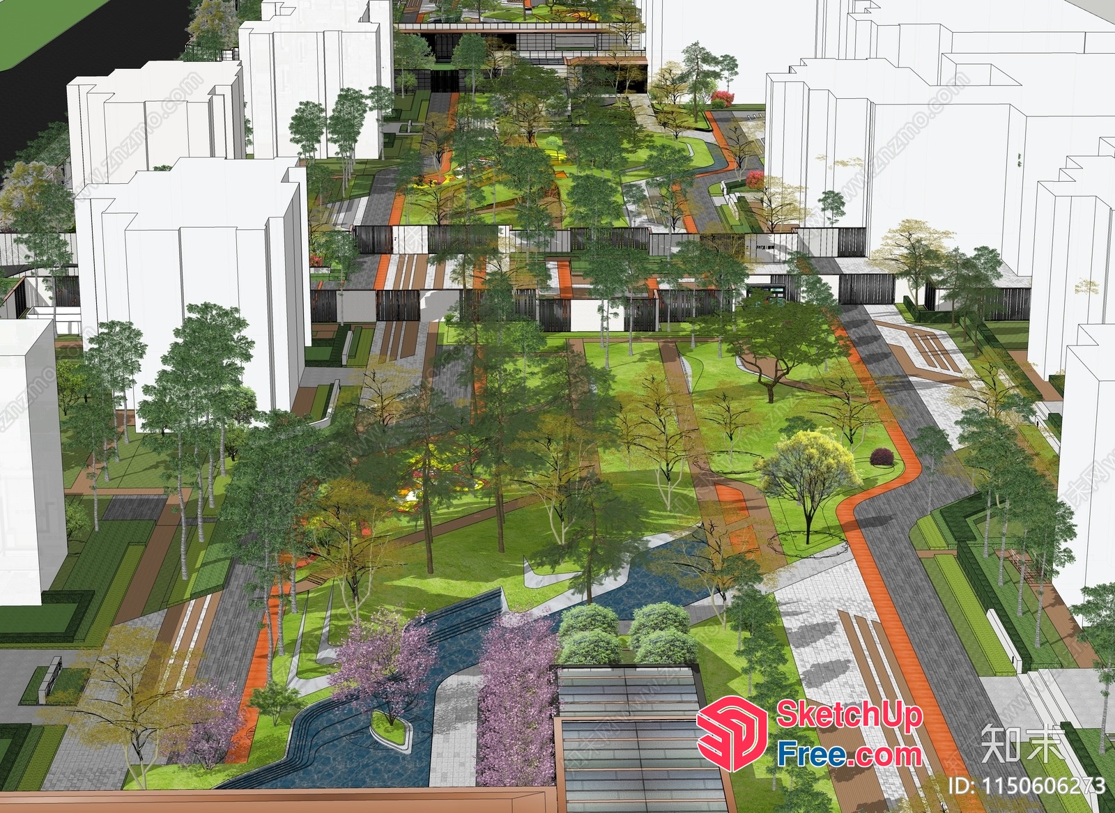 Modern Urban Park With White Buildings And Greenery 3D SketchUp File