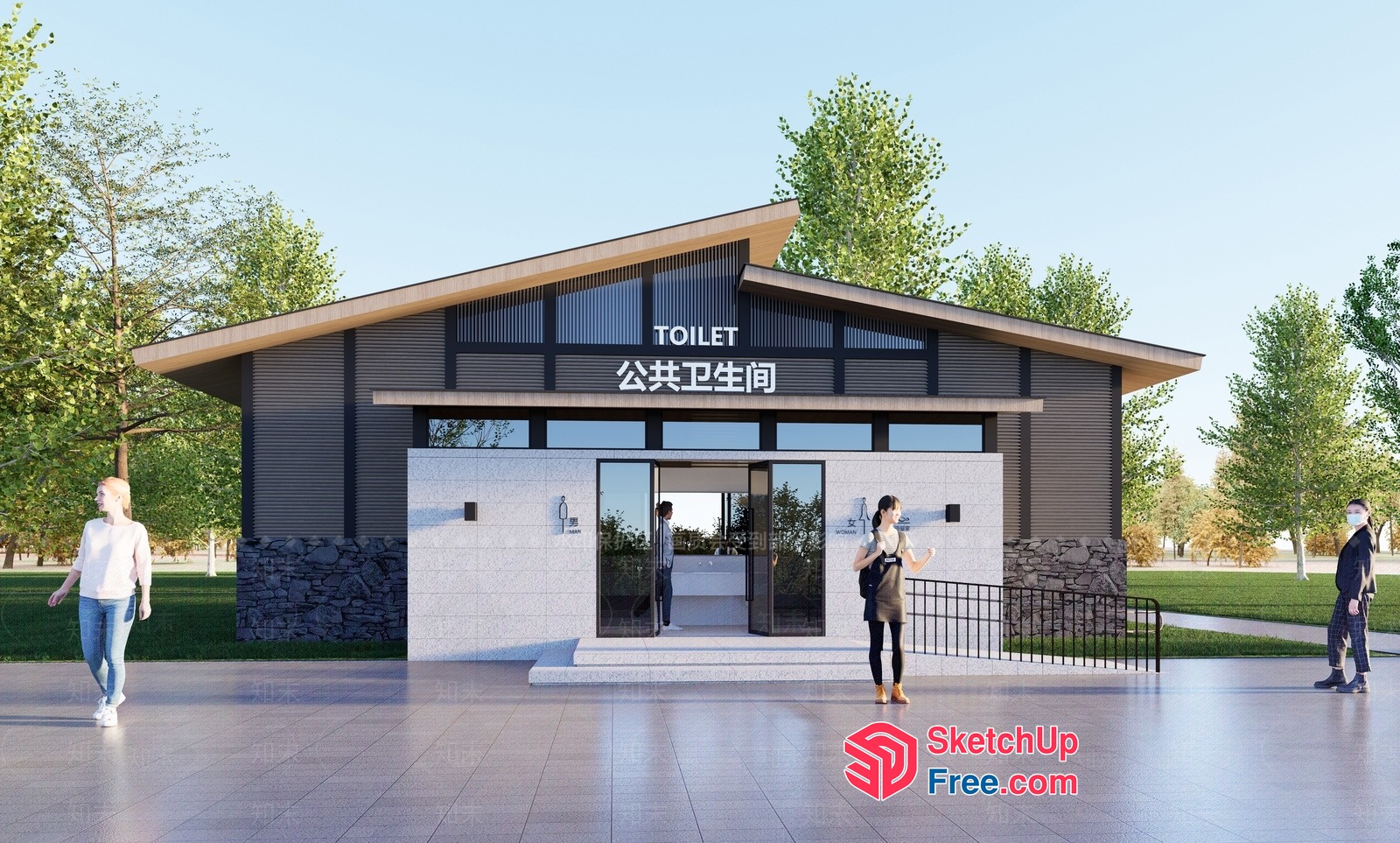 Modern Public Restroom With Glass Entrance And Natural Surroundings 3D SketchUp File