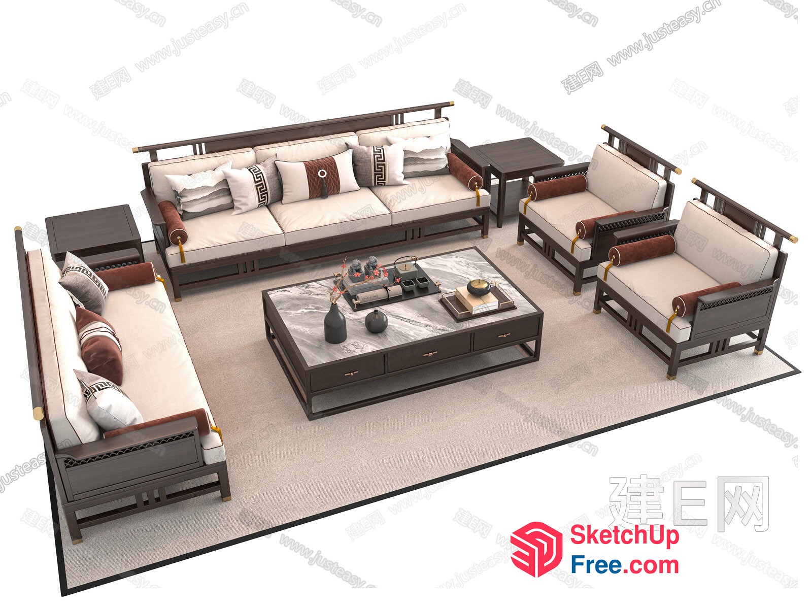 Elegant Modern Asian-Inspired Living Room Furniture Set 3D SketchUp File