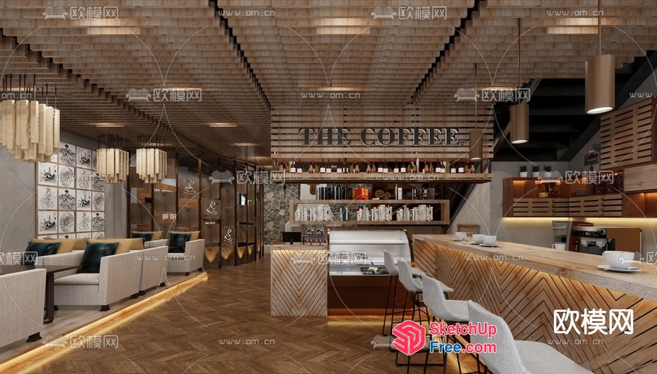 Modern Coffee Shop Interior With Sleek Furniture And Lighting 3D SketchUp File