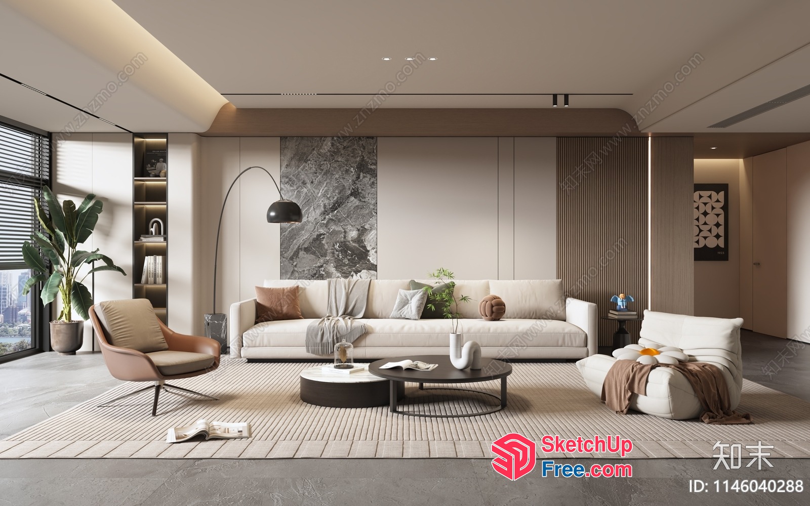 Modern Living Room With Creamy Style Sofa And Minimalist Decor 3D SketchUp File