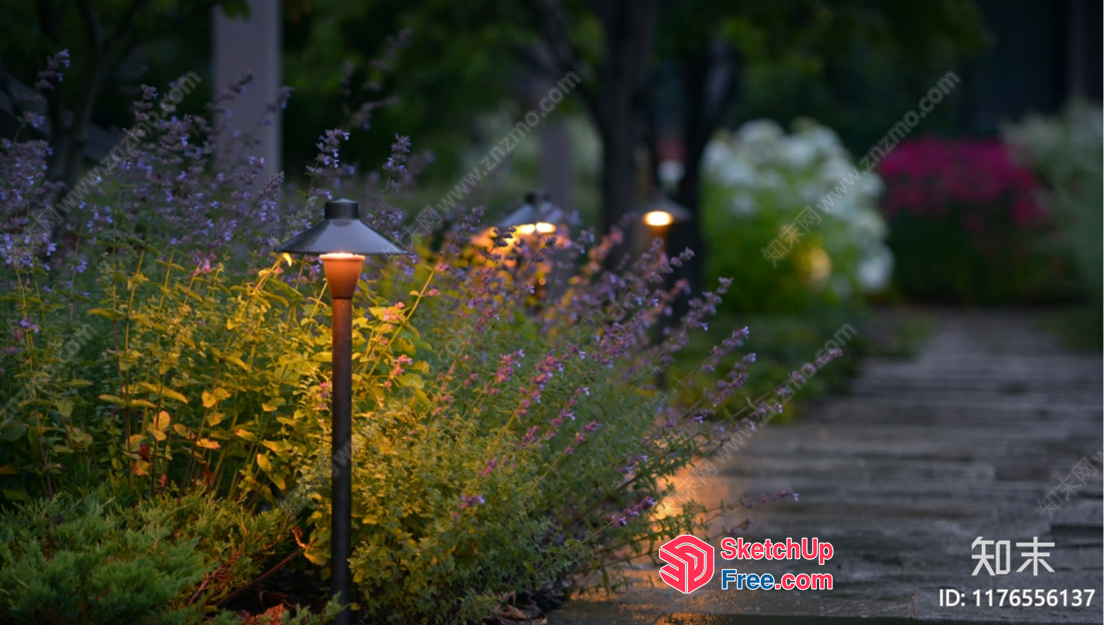 Pathway With Lamps And Plants 3D SketchUp File