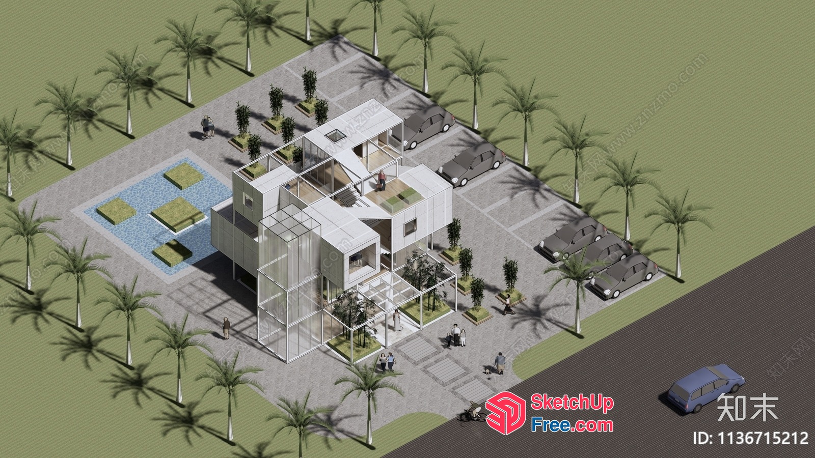 Modern Glass And White Building With Palm Trees 3D SketchUp File