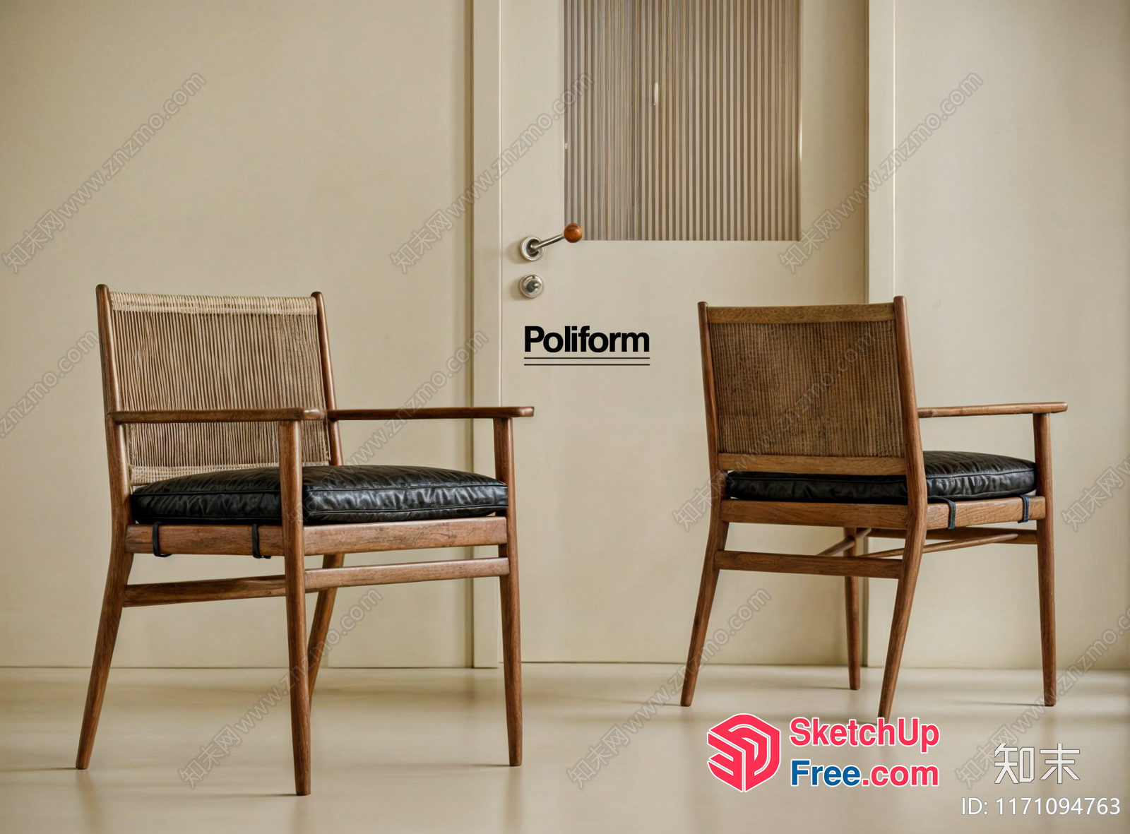 Two Elegant Chairs With Black Leather Cushions And Wooden Frames 3D SketchUp File