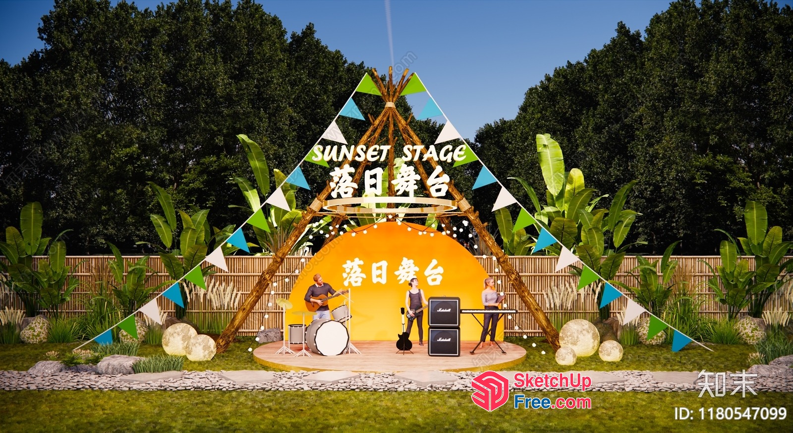 Outdoor Stage With Tropical Decorations And Musicians 3D SketchUp File