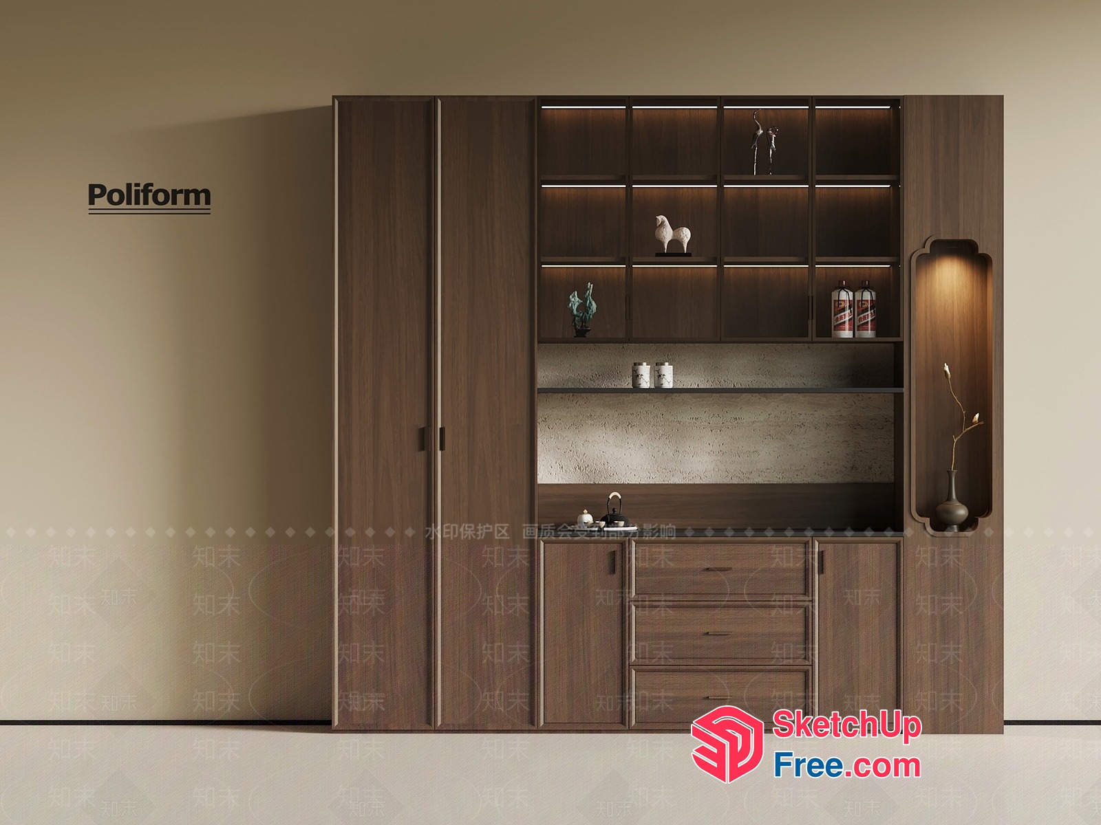 Poliform Kitchen Cabinet With Sink And Decorative Shelving 3D SketchUp File
