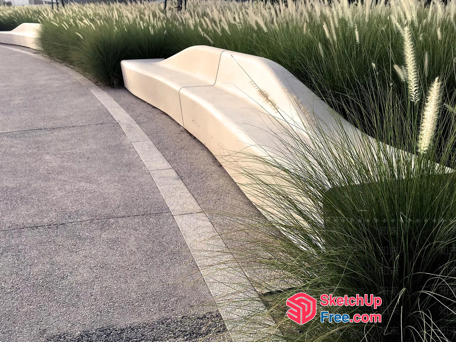 Curved White Bench In Front Of Tall Grasses 3D SketchUp File