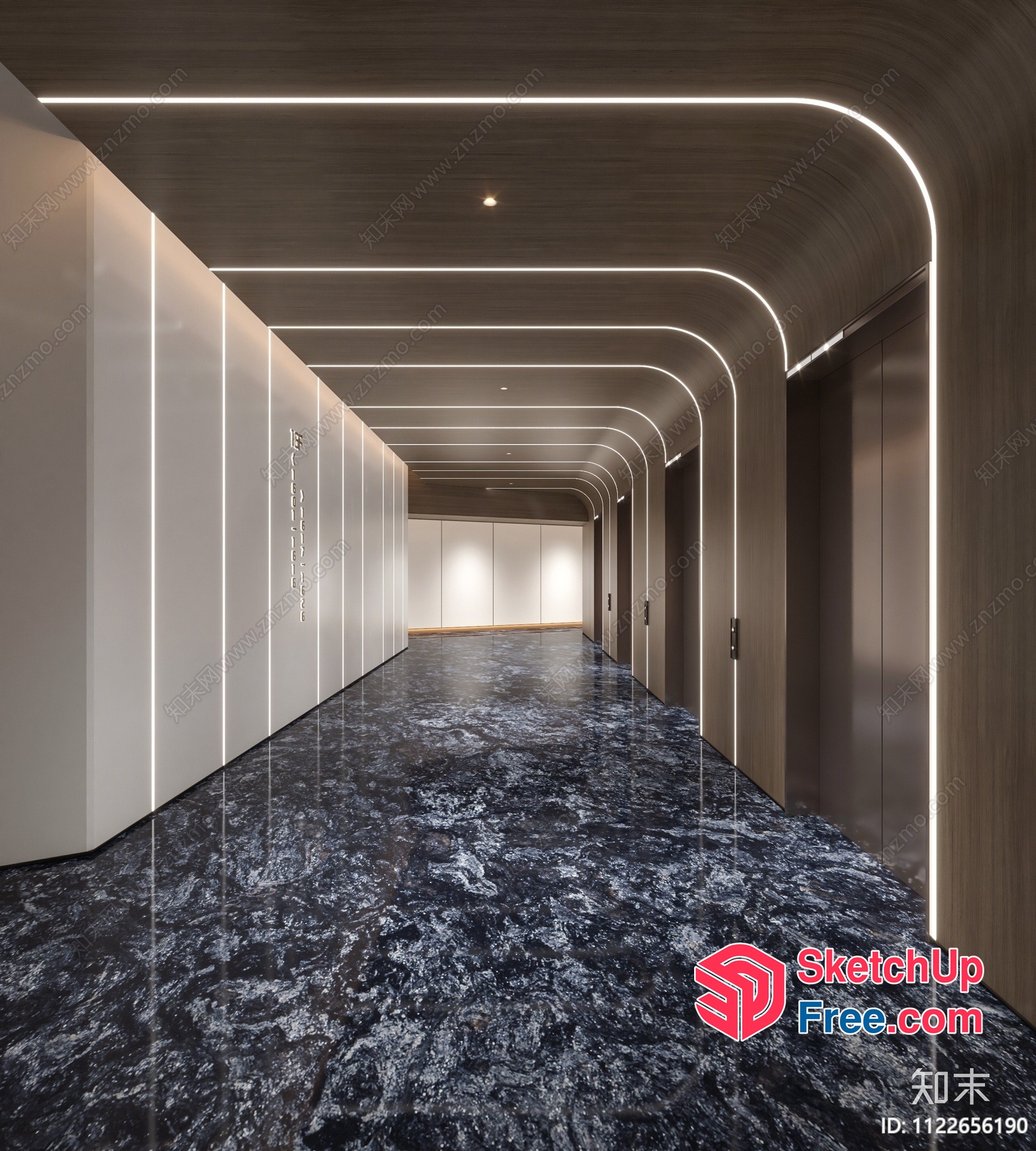Elegant Modern Hallway With Curved Ceiling And Marble Floor 3D SketchUp File
