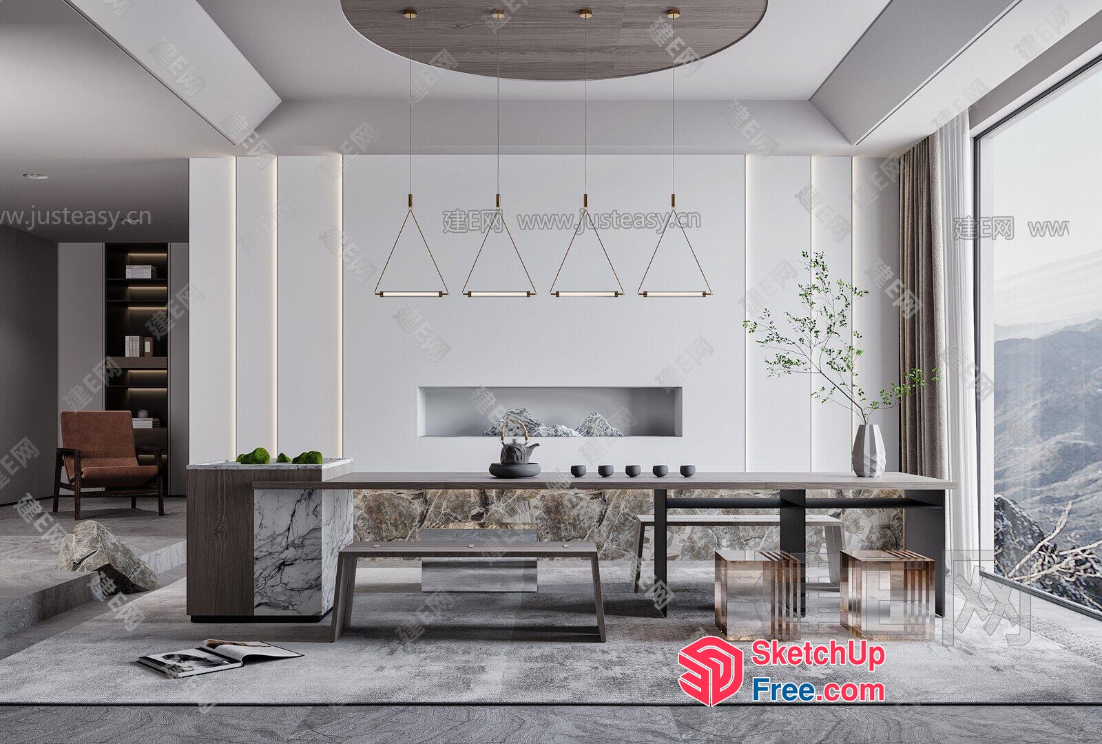 Modern Minimalist Japanese-Style Dining Room With Natural Light 3D SketchUp File