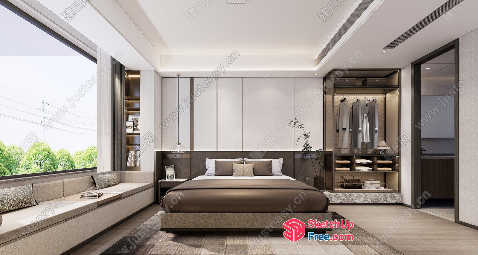 Modern Minimalist Bedroom With Large Windows And Built-In Wardrobe 3D SketchUp File