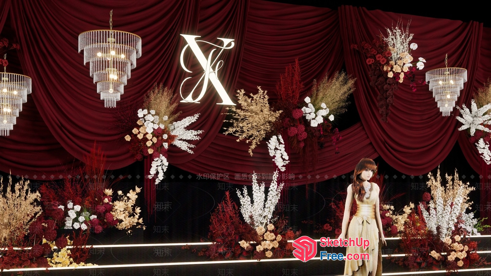 Elegant Red Curtain And Floral Decor 3D SketchUp File