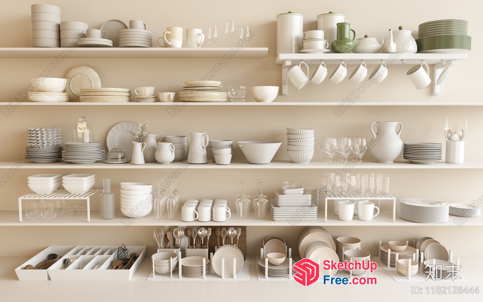 White And Cream Porcelain Dinnerware On Shelves 3D SketchUp File