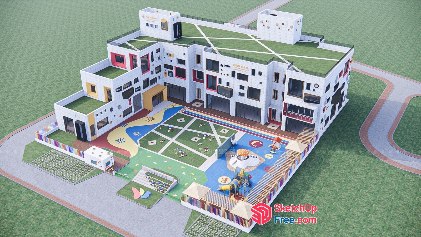 Modern Colorful Building With Unique Roof Synthesis 3D SketchUp File