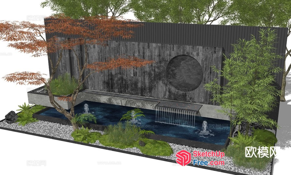 Japanese Style Water Feature With Stone And Plant Decorations 3D SketchUp File