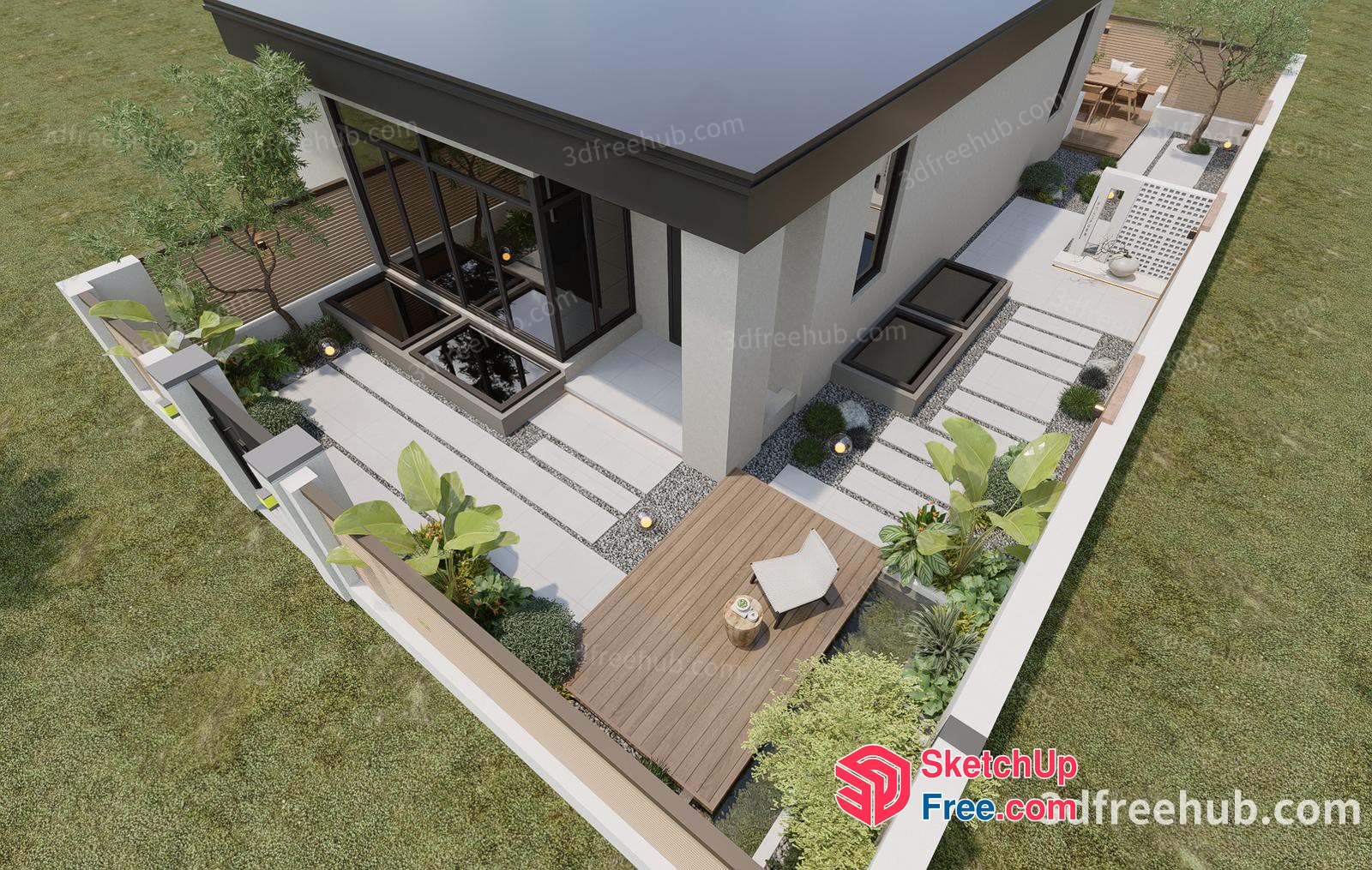Modern Villa With Elegant Patio And Lush Greenery 3D SketchUp File