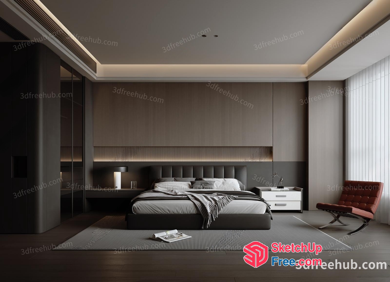 Modern Minimalist Bedroom With Pillars And Bed 3D SketchUp File