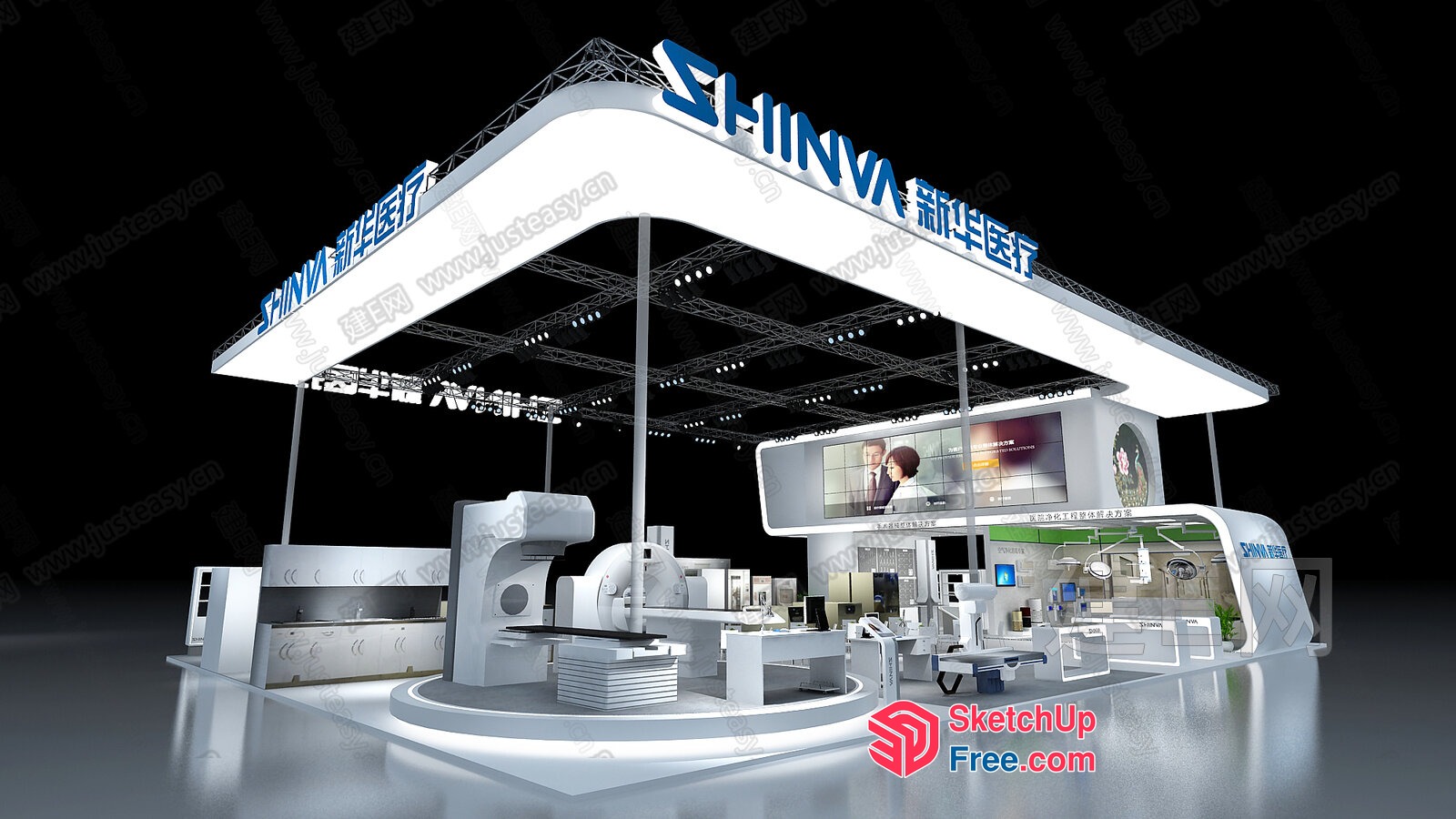Modern White Display Booth With Shiny Flooring And Ceiling 3D SketchUp File