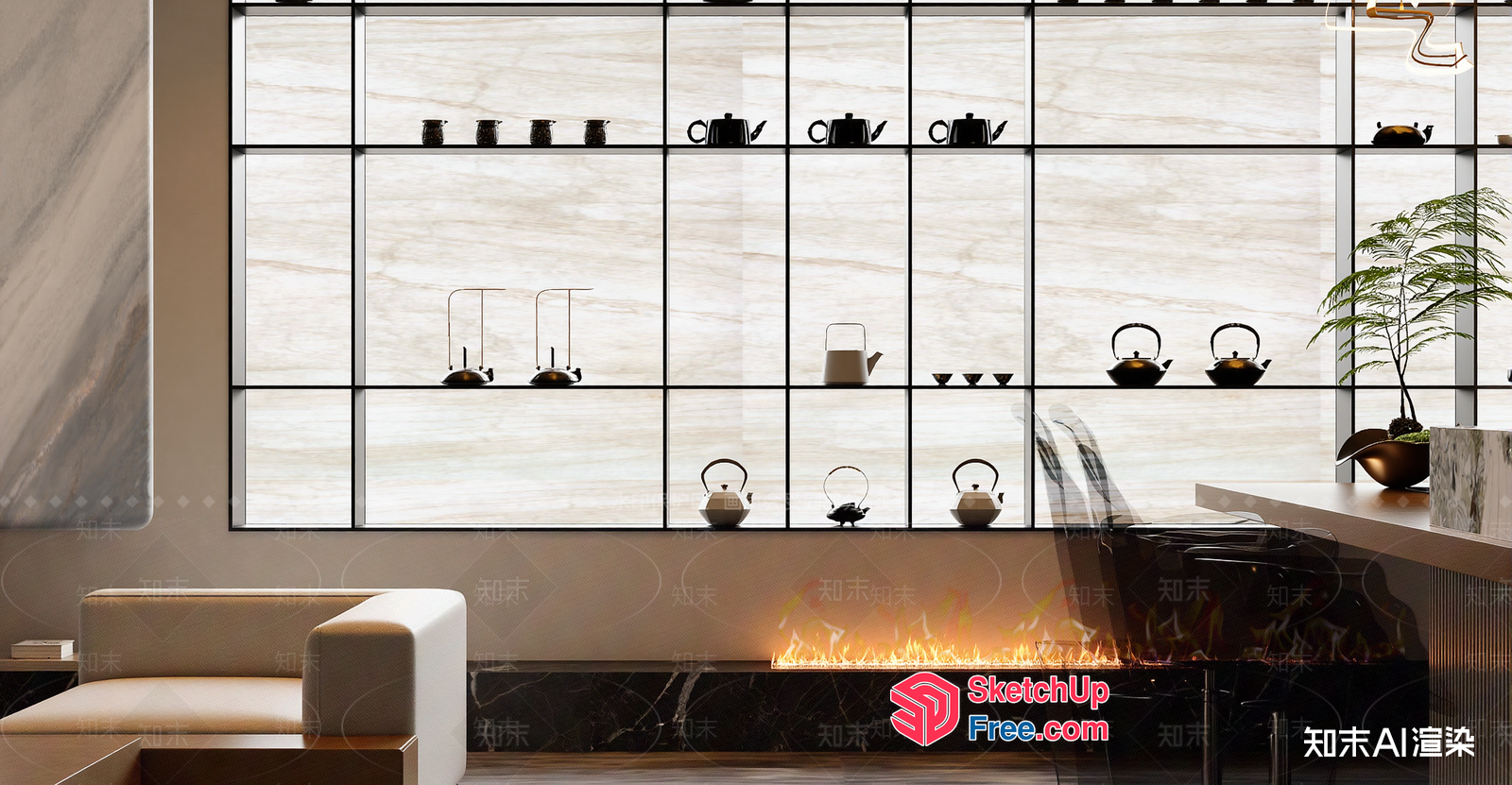 Modern Fireplace And Tea Set Display 3D SketchUp File