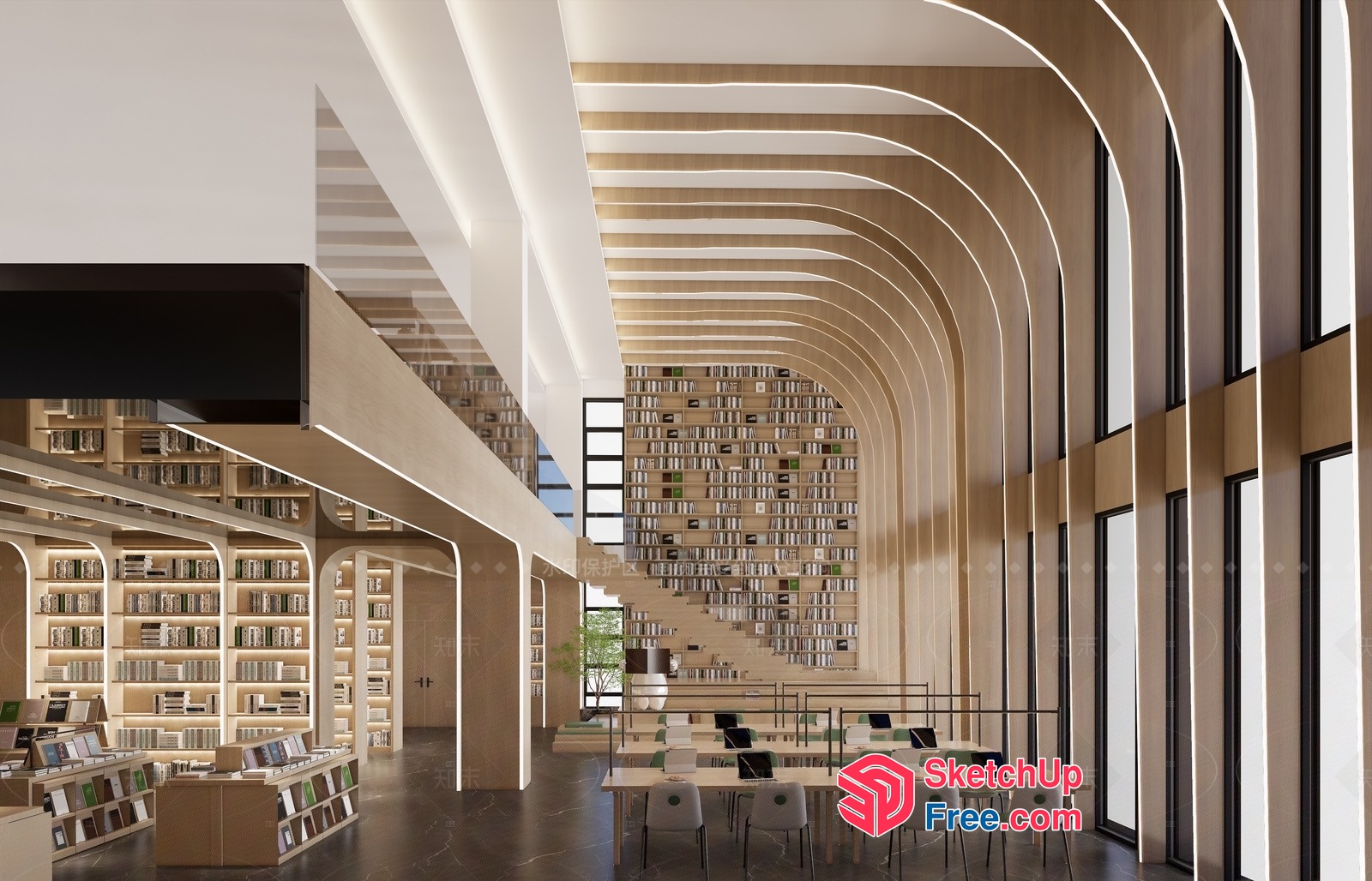 Modern Library Interior With Curved Bookshelves And Natural Light 3D SketchUp File