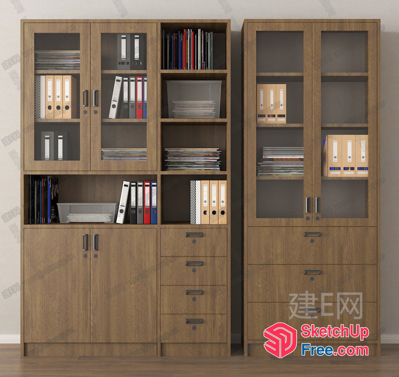 Wooden Bookcase And Cabinet Set With Glass Doors 3D SketchUp File
