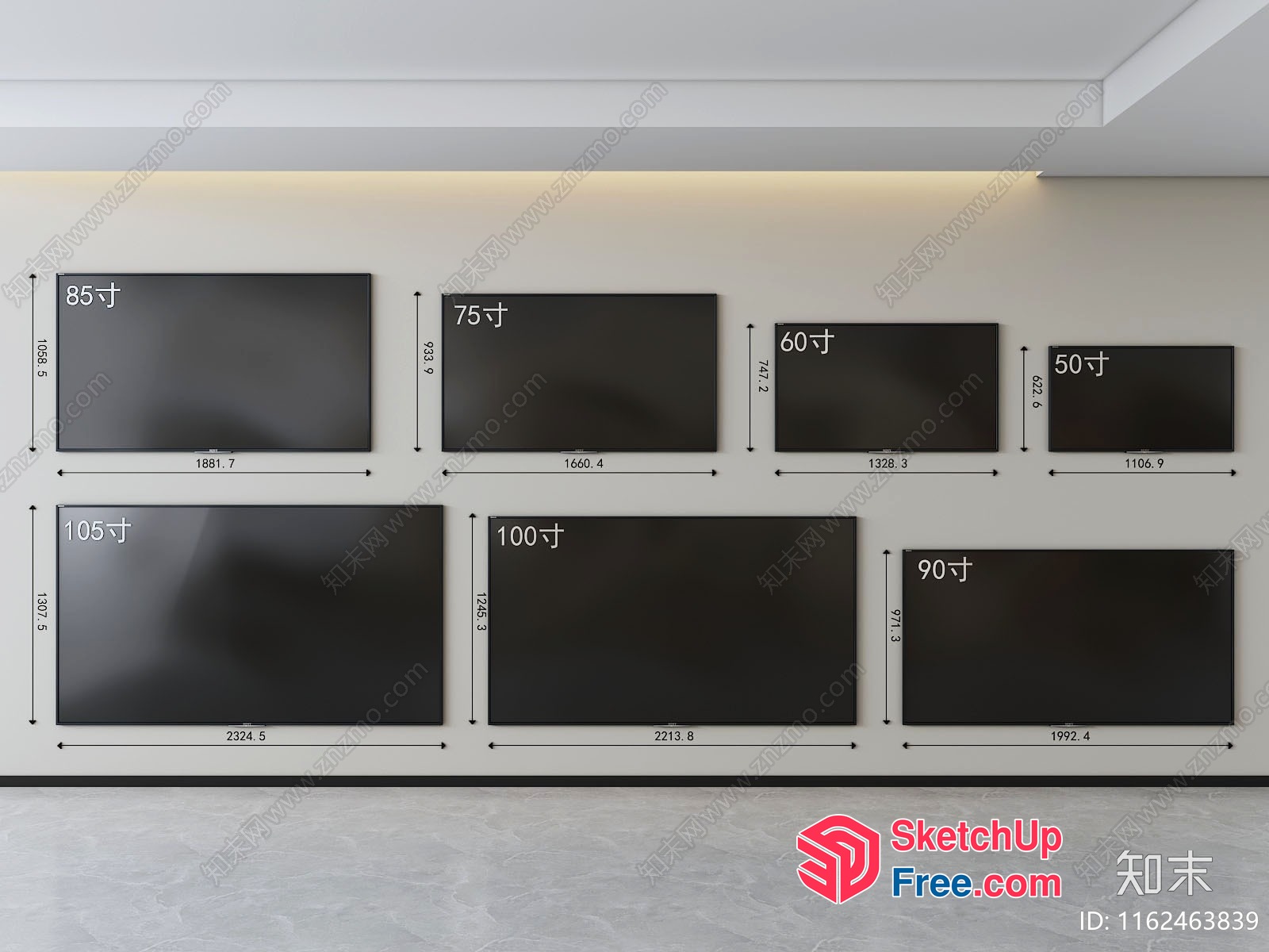 Tv Screen Sizes And Dimensions Displayed On A Wall 3D SketchUp File
