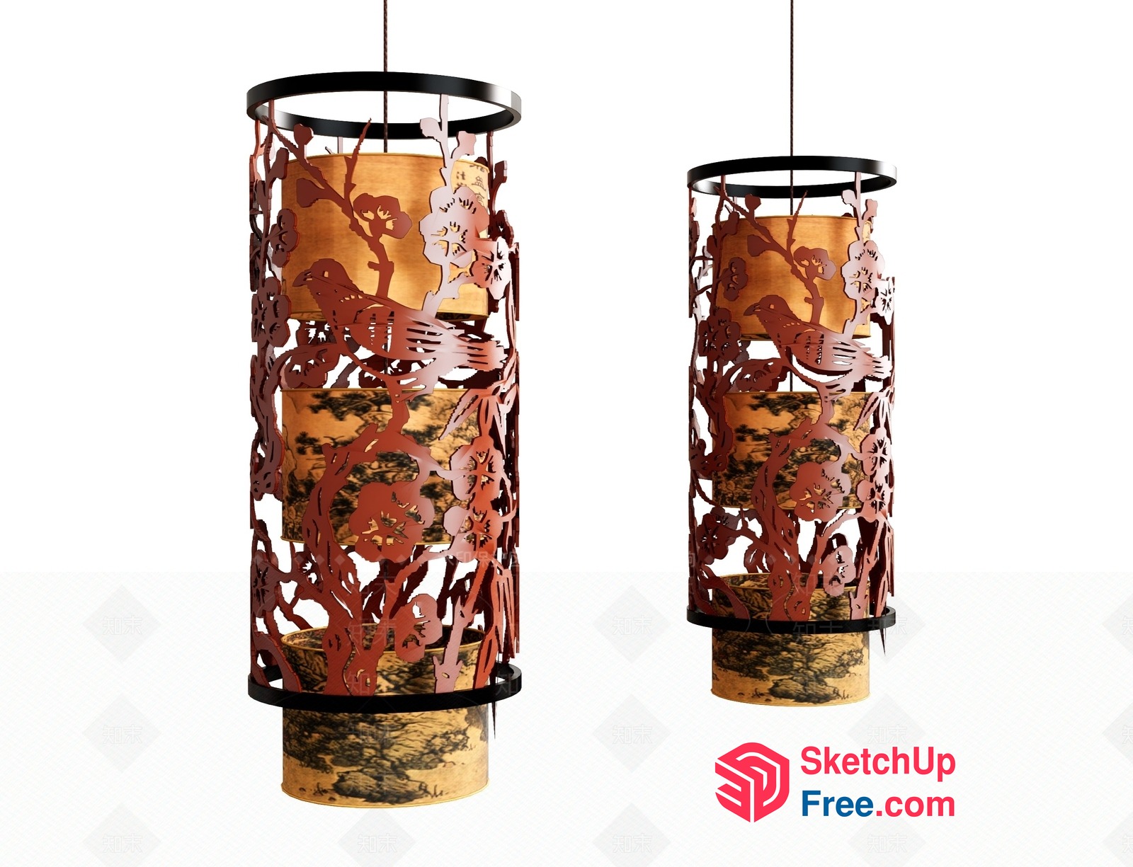 Asian-Inspired Lanterns With Intricate Cutouts And Cherry Blossom Design 3D SketchUp File