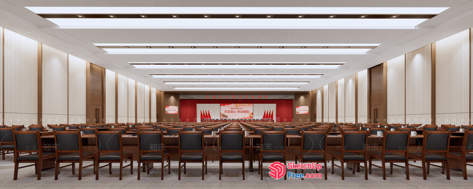 Large Conference Room With Rows Of Wooden Chairs And Red And White Decor 3D SketchUp File