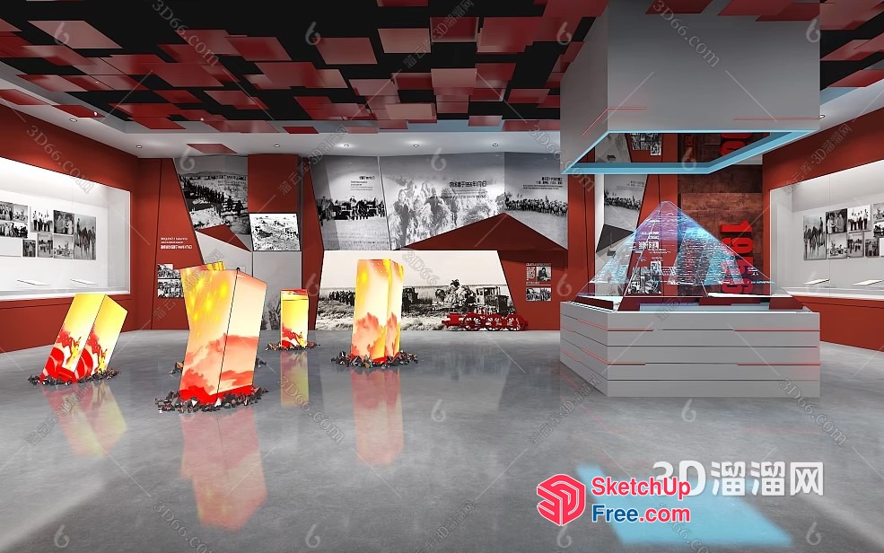 Museum Exhibit Hall With Red And Yellow Decor 3D SketchUp File