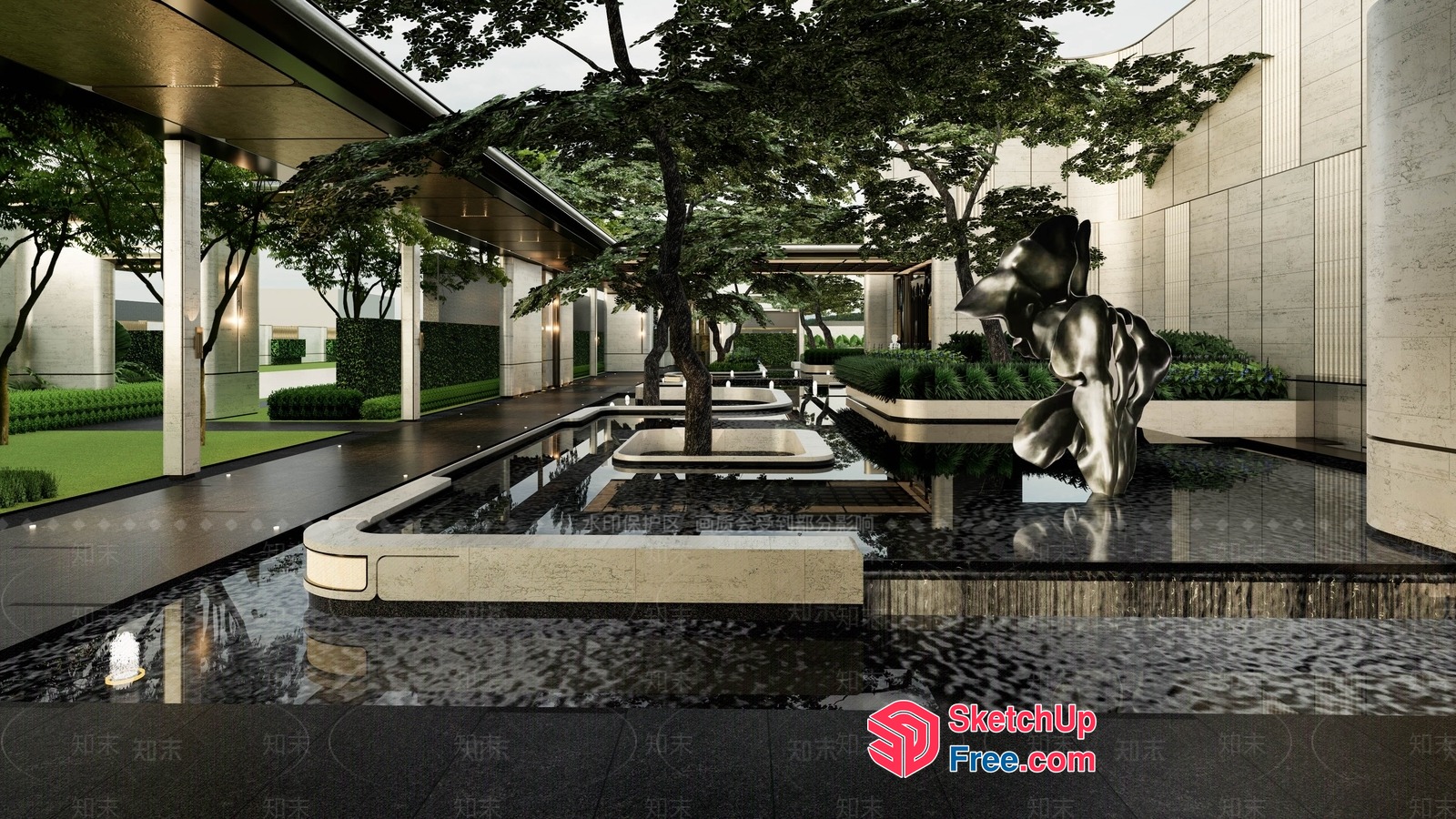 Modern Elegant Interior Courtyard With Water Feature And Sculpture 3D SketchUp File