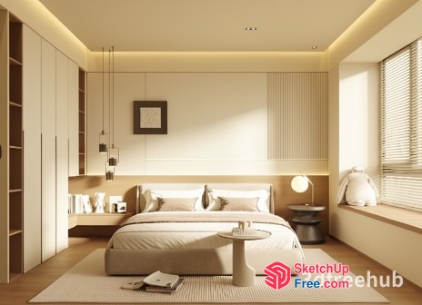 Minimalist Bedroom With Creamy Style And Pillar 3D SketchUp File