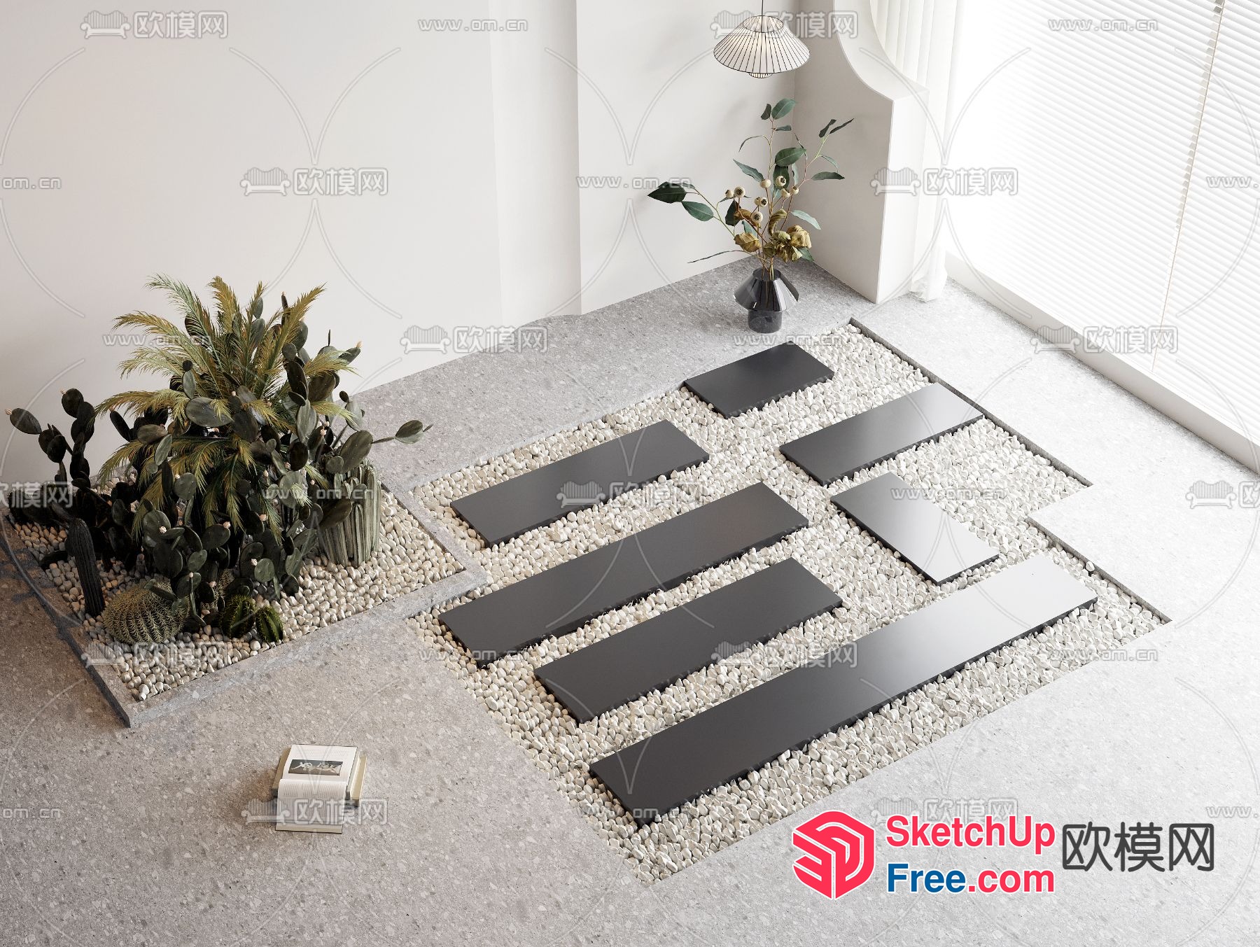 Modern Minimalist Interior With White Pebbles And Black Accents 3D SketchUp File