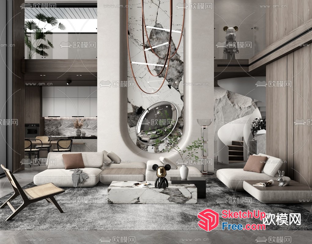 Luxurious Modern Living Room With Staircase And Balcony 3D SketchUp File