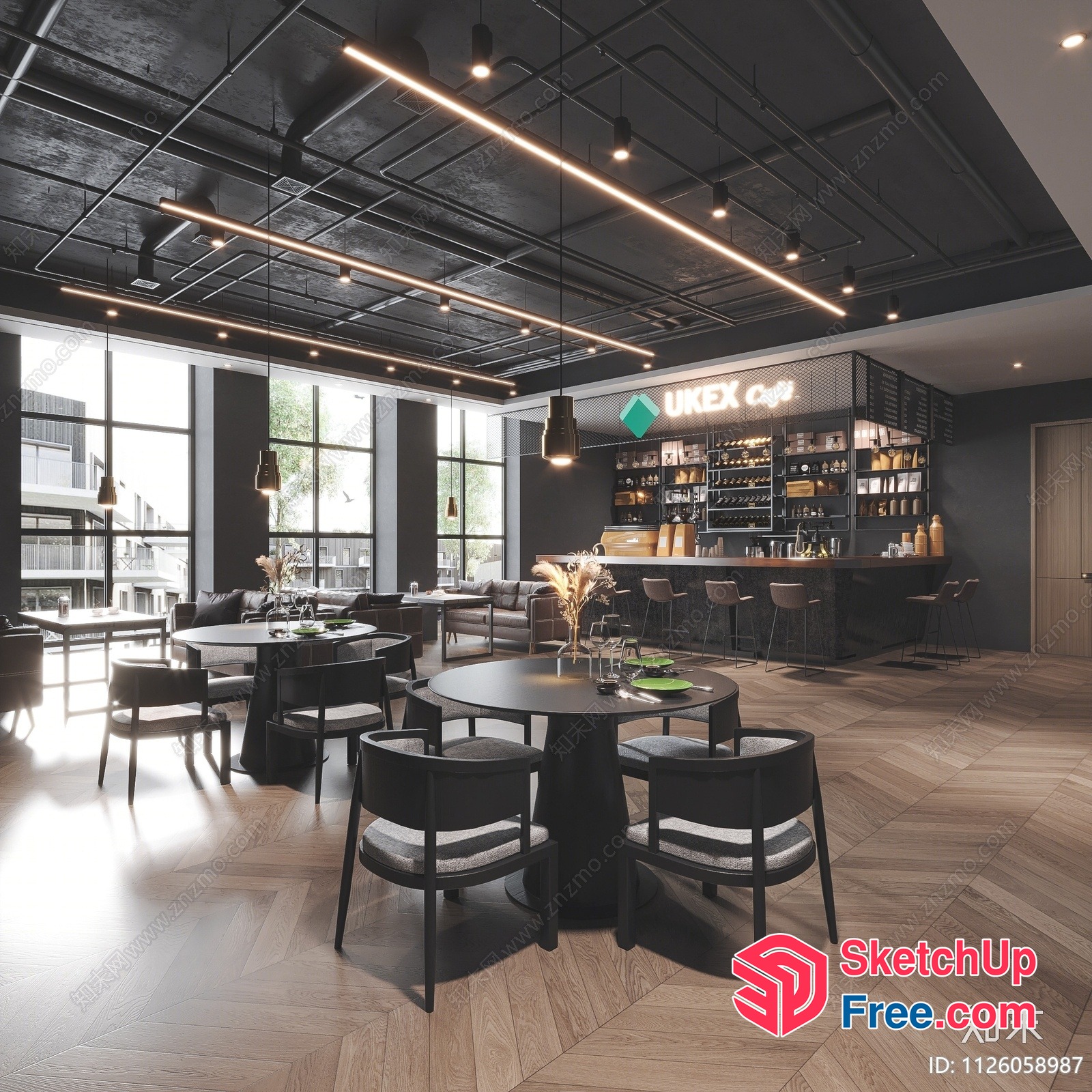 Modern Industrial Style Restaurant With Large Windows 3D SketchUp File