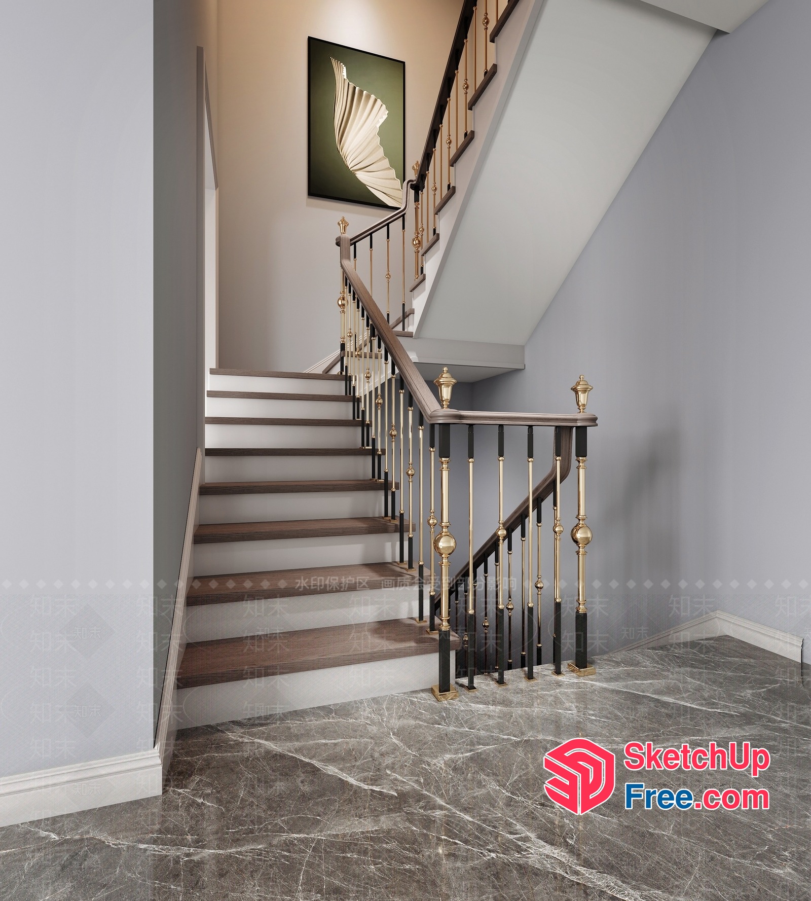 Elegant Staircase With Ornate Railing 3D SketchUp File