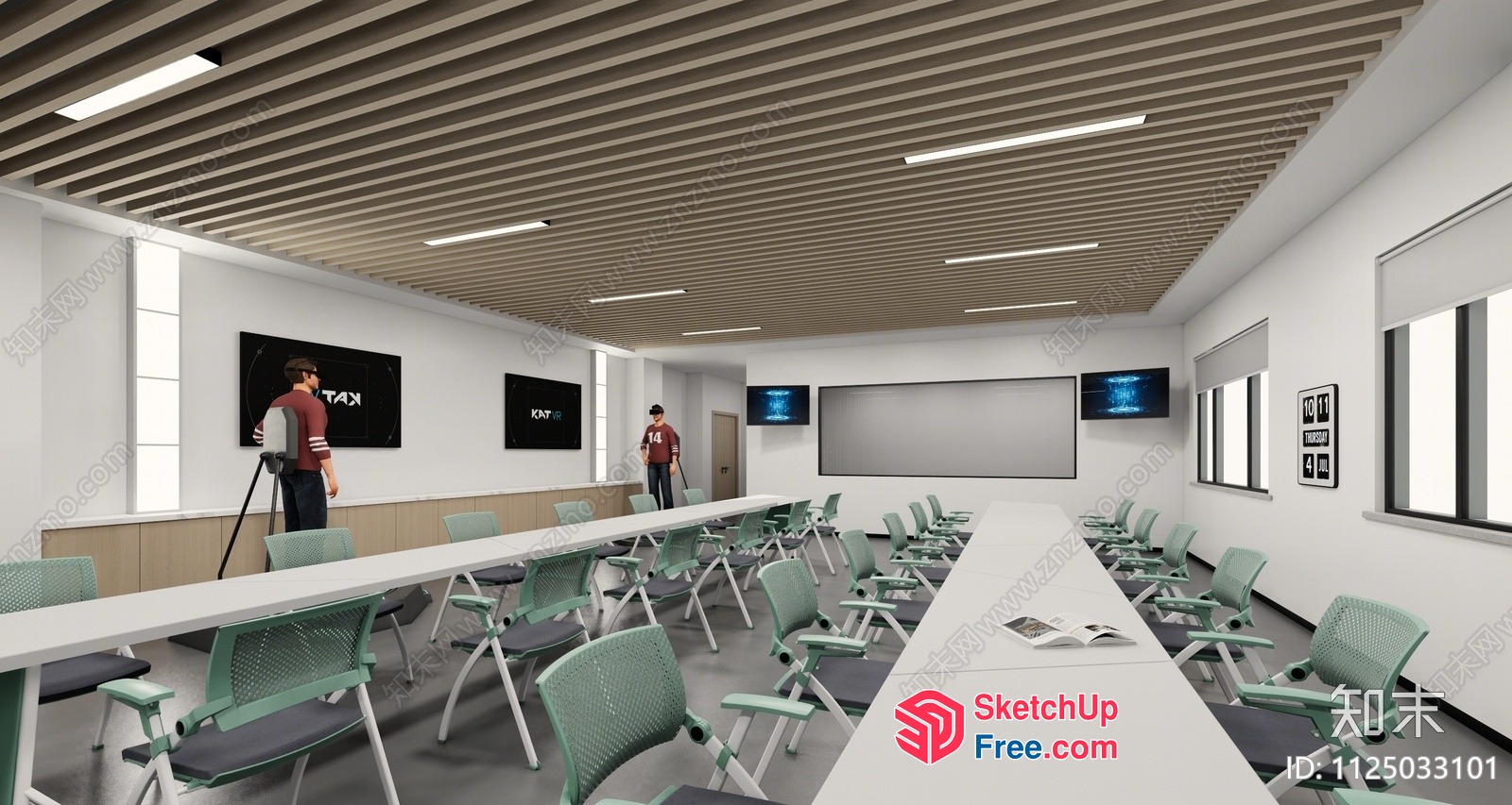 Modern Conference Room With Long Tables And Green Chairs 3D SketchUp File