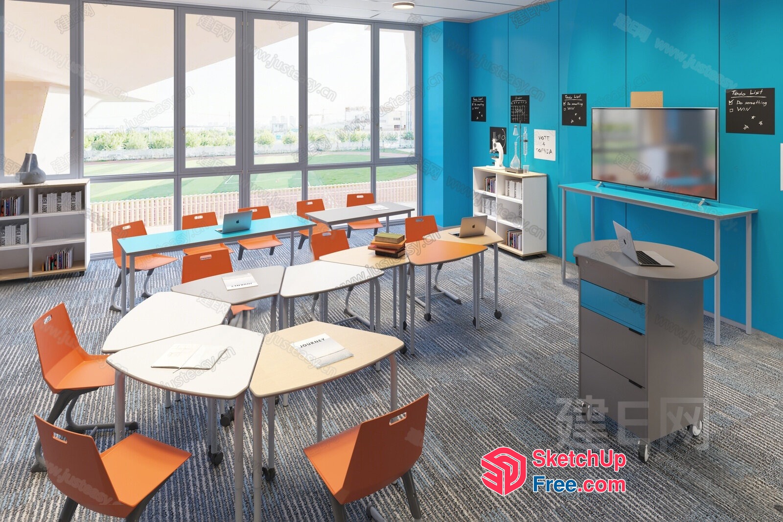 Modern Classroom With Bright Blue Walls And Large Windows 3D SketchUp File